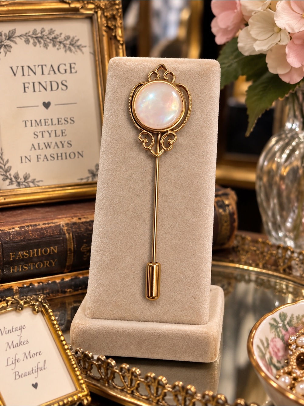 Dainty Vintage Gold-Tone Stick Pin with Iridescent Opal Cabochon